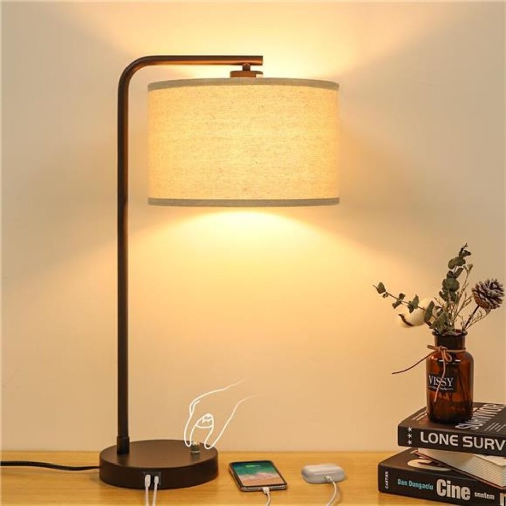 Table Lamp with USB C+A Ports, Fully Stepless Dimmable Modern Bedside Nightstand